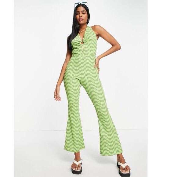 Wednesday's Girl Green Halter Retro Sleeveless Striped Flare Jumpsuit Size S - Picture 2 of 8